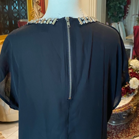 Beautiful black silky blouse with rhinestone collar  size M - Picture 5 of 6